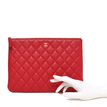 CHANEL Lambskin Quilted Medium Cosmetic Case Red