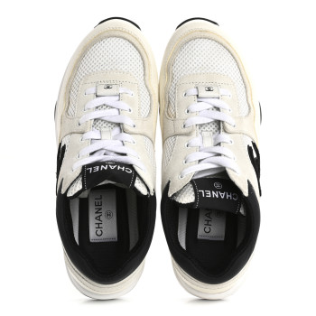 CHANEL Mesh Suede Calfskin Grained Calfskin Womens CC Sneakers 38 White Black