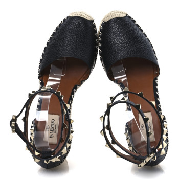 VALENTINO GARAVANI Grained Calfskin Rockstud Ankle Wrap Espadrille 15/85mm Wedges 38 Black Light Cuir
