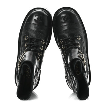 CHANEL Shiny Goatskin Calfskin Quilted Lace Up Combat Boots 37 Black