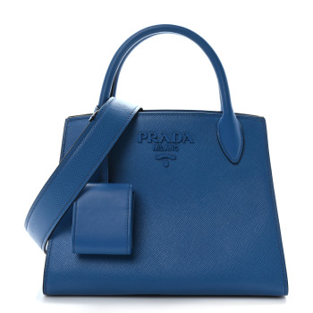 PRADA Saffiano Cuir Calfskin Small Monochrome Top Handle Tote Blue
