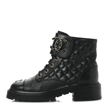 CHANEL Shiny Goatskin Calfskin Quilted Lace Up Combat Boots 37 Black