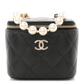 CHANEL Lambskin Quilted Mini Vanity Case With Pearl Chain Black