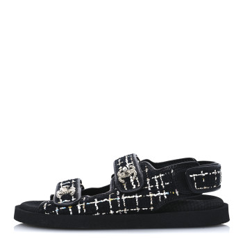 CHANEL Tweed Lambskin Dad Sandals 39 Black Multicolor