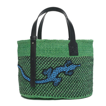 LOEWE Sisal Calfskin Raffia Paula's Ibiza Lizard Beaded Basket Tote Green Multicolor