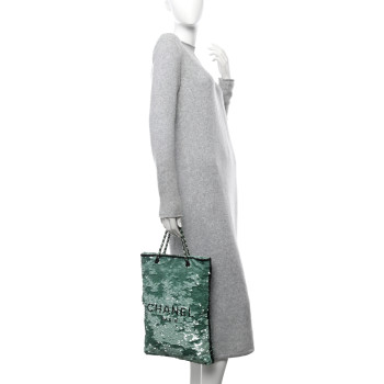 CHANEL Sequin Logo Shopping Tote Green Black