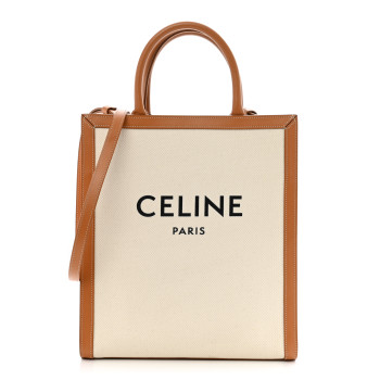 CELINE Canvas Calfskin Logo Print Small Vertical Cabas Natural Tan