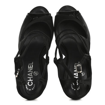 CHANEL Satin Patent Open Toe Ankle Strap Sandals 37.5 Black