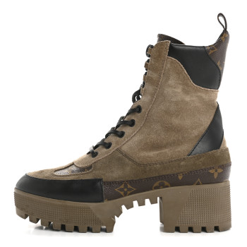 LOUIS VUITTON Suede Calfskin Monogram Laureate Platform Desert Boots 37.5 Taupe