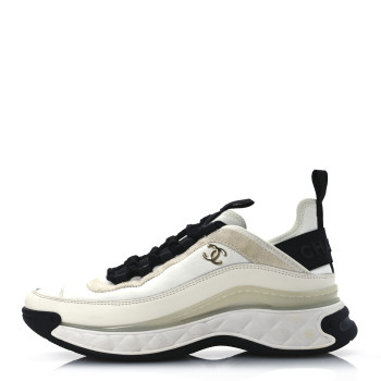 CHANEL Velvet Calfskin Mixed Fibers CC Sneakers 37 Ivory Black