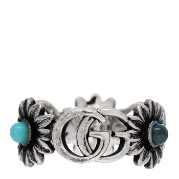 GUCCI Sterling Silver Mother of Pearl Blue Topaz Flower Marmont Double G Ring 54 6.75