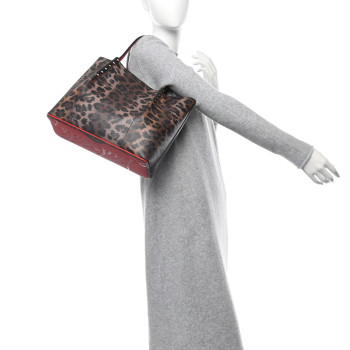 CHRISTIAN LOUBOUTIN Calfskin Empire Leopard Print Spiked Small Cabarock Shopper Tote Brown