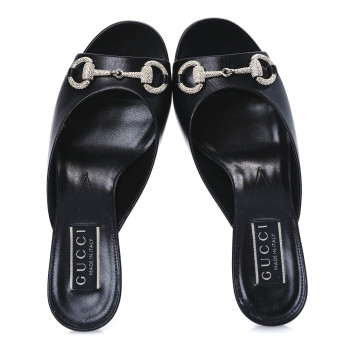 GUCCI Calfskin Crystal Horsebit Sandal Pumps 36.5 Black