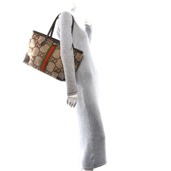 GUCCI Monogram Jumbo GG Textured Dollar Calfskin Web Medium Ophidia Shopping Tote Camel Ebony