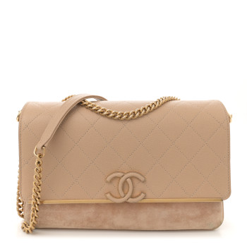 CHANEL Grained Calfskin Stitched Enamel CC Flap Bag Beige