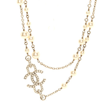 CHANEL Pearl Crystal CC Vendome Long Necklace   Golden Pearly White