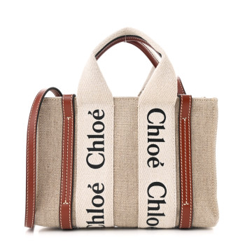 CHLOE Cotton Calfskin Mini Woody Ribbon Tote White Brown