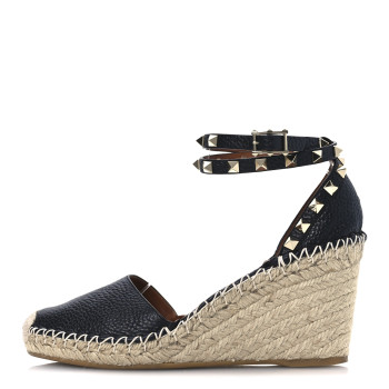 VALENTINO GARAVANI Grained Calfskin Rockstud Ankle Wrap Espadrille 15/85mm Wedges 38 Black Light Cuir