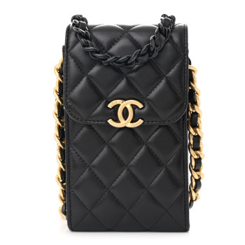 CHANEL Lambskin Quilted Lacquered Chain Phone Holder With Chain Black