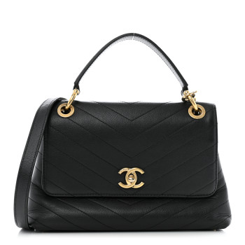 CHANEL Grained Calfskin Small Chevron Chic Top Handle Flap Black