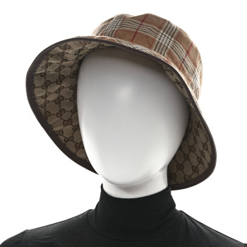 GUCCI Monogram Plaid Bob Double Back Reversible Bucket Hat L Beige