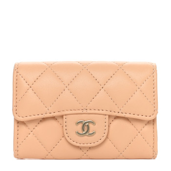 CHANEL Lambskin Quilted Flap Card Holder Wallet Beige