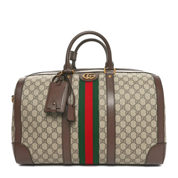 GUCCI GG Supreme Monogram Textured Dollar Calfskin Web Medium Savoy Duffle Bag Beige Ebony New Acero