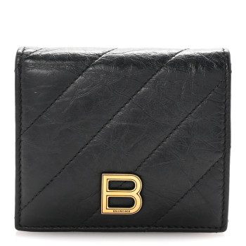 BALENCIAGA Crushed Calfskin Quilted B Flap Coin Card Holder Black