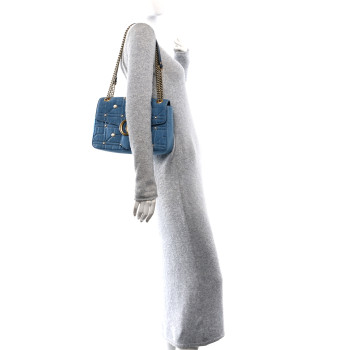 GUCCI Kura Denim Matelasse Cubic Pearl Studded Medium GG Marmont Shoulder Bag Blue