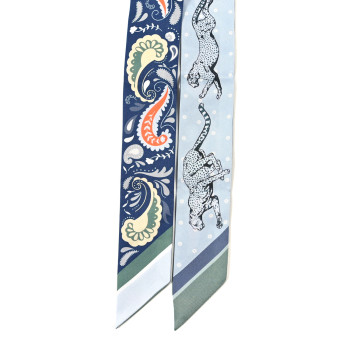 HERMES Silk Guepards Bandana Twilly Marine Clair Bleu Ciel Vert