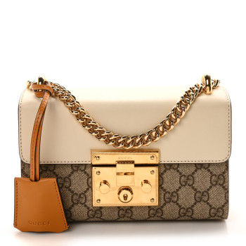 GUCCI GG Supreme Monogram Calfskin Small Padlock Shoulder Bag Beige Mystic White Sun Oil