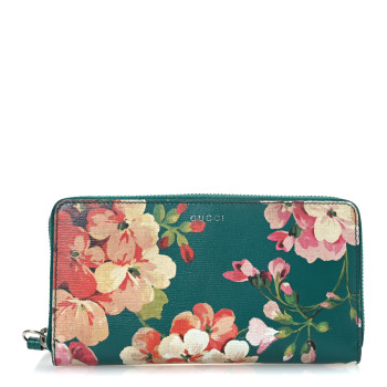 GUCCI Calfskin Blooms Print Zip Around Wallet Bright Emerald Multicolor