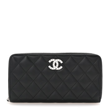 CHANEL Lambskin Quilted Baguette Crystal Large Gusset Zip Around Wallet Black