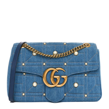 GUCCI Kura Denim Matelasse Cubic Pearl Studded Medium GG Marmont Shoulder Bag Blue