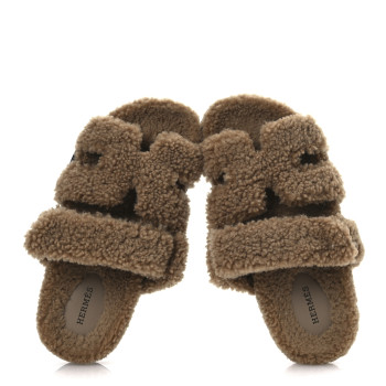 HERMES Woolskin Womens Chypre Sandals 38 Beige Argile