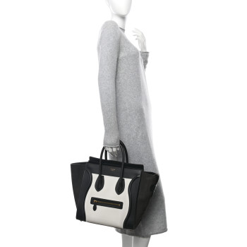 CELINE Nubuck Drummed Calfskin Mini Bi-Color Luggage Black White