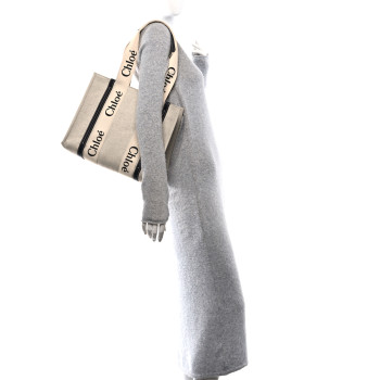 CHLOE Linen Calfskin Medium Woody Ribbon Tote White Blue