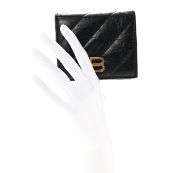 BALENCIAGA Crushed Calfskin Quilted B Flap Coin Card Holder Black