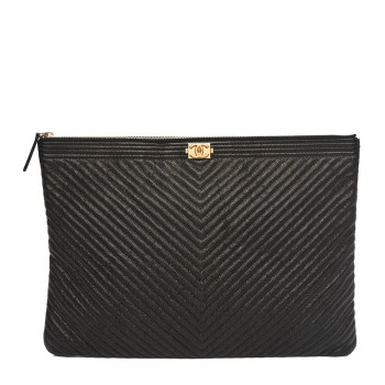 CHANEL Caviar Chevron Boy Zip Pouch Black