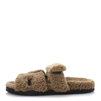 HERMES Woolskin Womens Chypre Sandals 38 Beige Argile