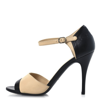 CHANEL Lambskin Peep Toe Sandals 39 Beige Black