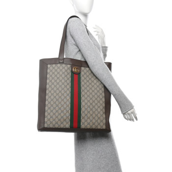 GUCCI GG Supreme Monogram Web Large Ophidia Vertical Shopping Tote Brown