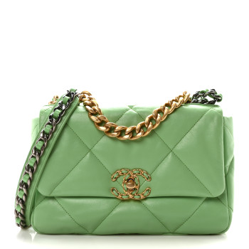 CHANEL Goatskin Quilted Medium Chanel 19 Flap Green