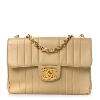 CHANEL Lambskin Vertical Quilted Jumbo Single Flap Beige