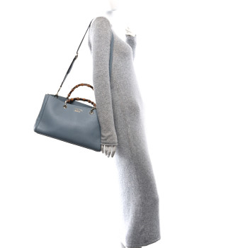 GUCCI Pebbled Calfskin Medium Bamboo Shopper Tote Light Blue