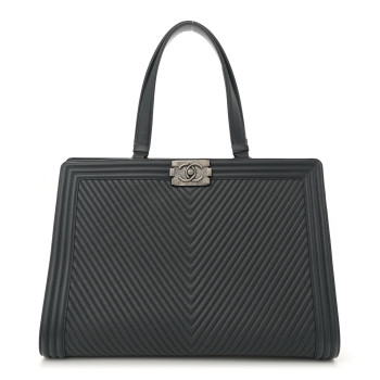 CHANEL Calfskin Chevron Quilted Boy Shopping Tote Grey