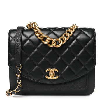 CHANEL Calfskin Caviar Quilted Chain Handle Flap Black