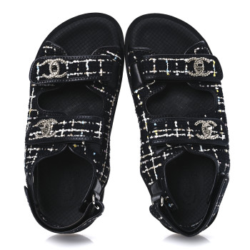 CHANEL Tweed Lambskin Dad Sandals 39 Black Multicolor