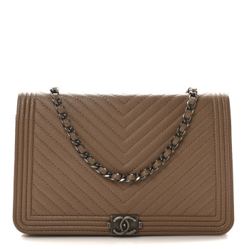 CHANEL Caviar Chevron Quilted Boy Wallet On Chain WOC Dark Beige