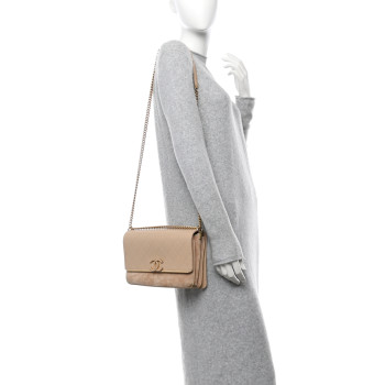 CHANEL Grained Calfskin Stitched Enamel CC Flap Bag Beige